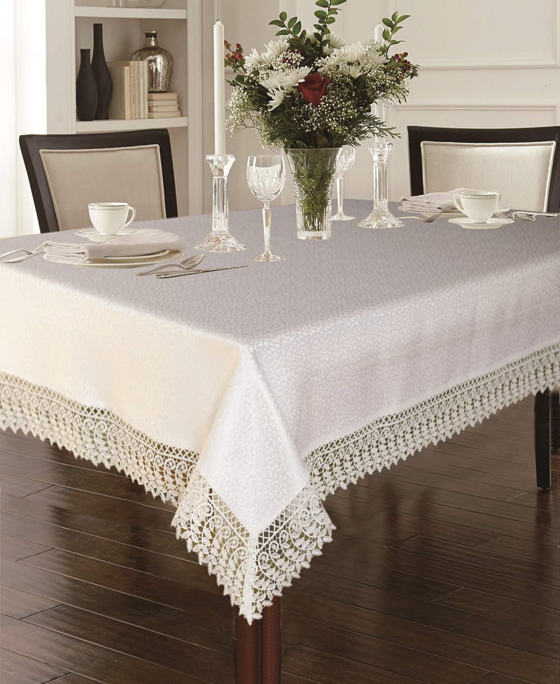 Violet Linen Legacy Cobblestone Design, Macrame Lace Border, Polyester Jacquard, White, 70 Inch by 160 Inch, Seats 14 to 16 Pepole, Rectangle Tablecloths